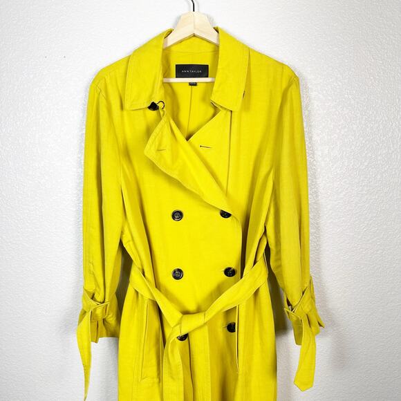 Ann Taylor Women’s Linen Blend Double Breasted Trench Coat Jacket in Yellow XXL - Picture 2 of 15